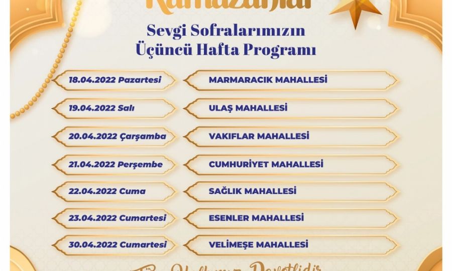 Ramazan Ay ftar Sofralar-Marmarack, Ula, Vakflar, Cumhuriyet, Salk, Esenler, Velimee